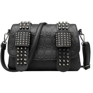 New Women Studded Crossbody Purse Black Skull Handbag